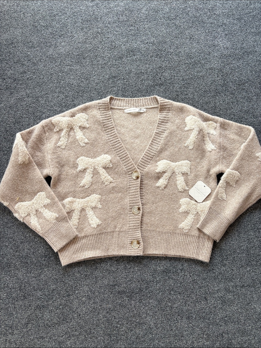 Altar'd State Beige Bow-Embellished Button Cardigan - Size XS